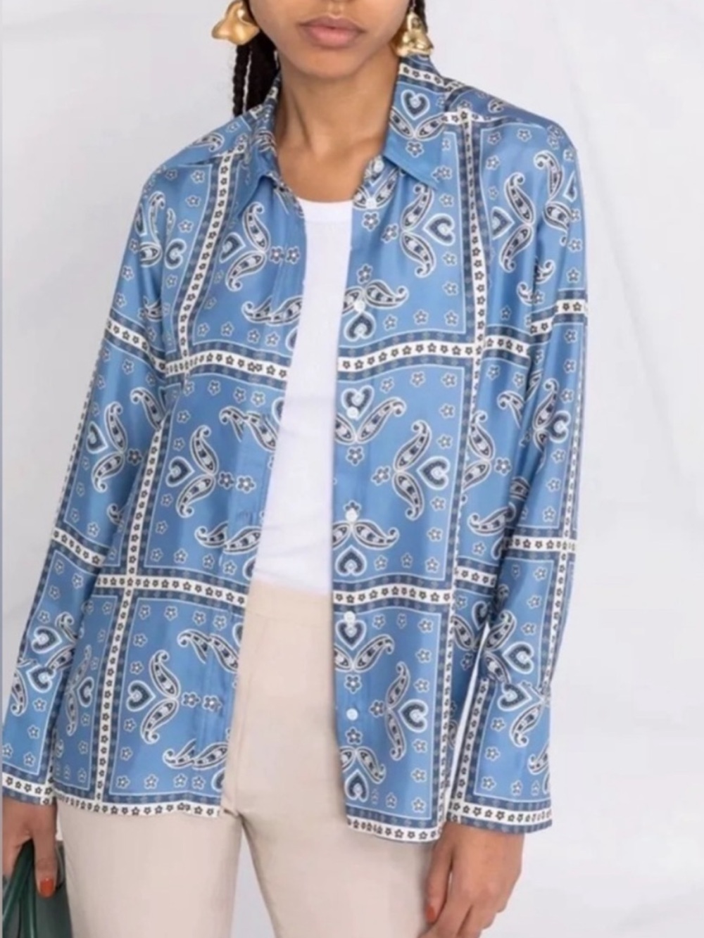 Sandro Blue Paisley-Print Button-Down Silk Shirt